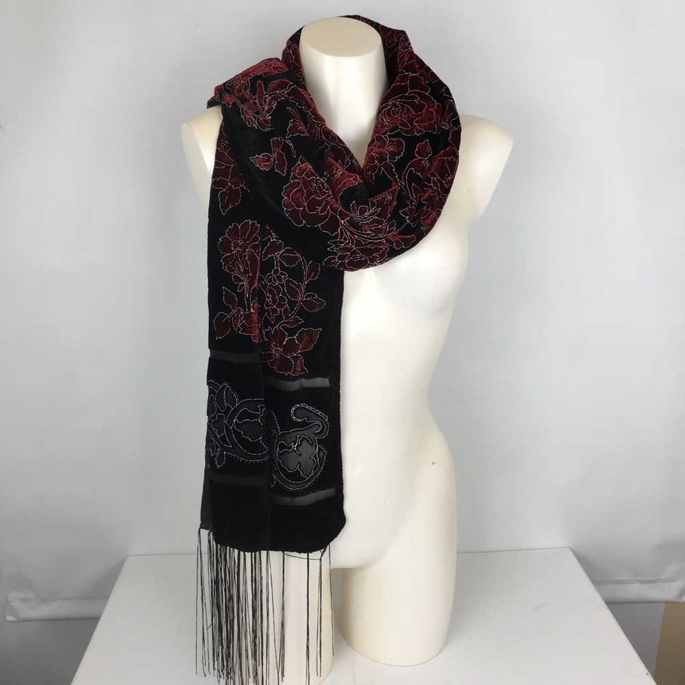 Floral Velvet Burnout Wide Scarf Wrap Black Red Sheer Fringe Evening Romantic - Picture 13 of 15
